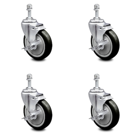 Service Caster 5 Inch Black Polyurethane Swivel 3/8 Inch Threaded Stem Caster Set with Brake SCC-TS20S514-PPUB-BLK-TLB-381615-4